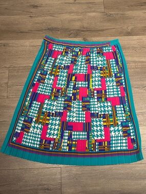 Vibrant Teal Geometric Print Pleated Skirt - Women's